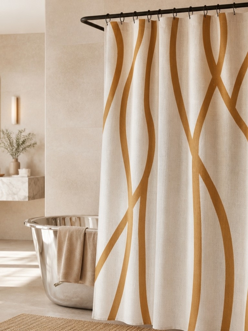 Neutral Cream Shower Curtain with Mustard Wave Design